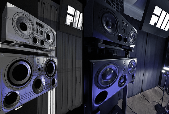ATC SCM45A Pro loudspeaker next to a 3D studio plan